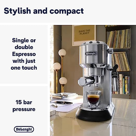 De'Longhi Dedica Style, traditionell espressomaskin med pump, kaffe- och cappuccinobryggare, EC685M, 1 liter, silver