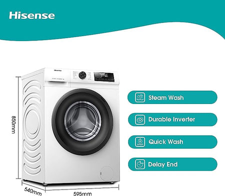 Hisense-WFQP9014EVM-Frittstående-9 KG-Frontlastande tvättmaskin-Tålig invertermaskin-Damptvätt-Snabbtvätt-15 tvättprogram-1400 varv/min-Vit-Energimärkning C [Energiklass C]