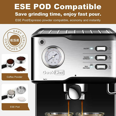 Geek Chef Espressomaskin Kaffebryggare, 20 bars pumptryck Espresso & Cappuccino Latte Maker med ESE POD Filter & mjölkskummare Ångstav & Tryckmätare, 1,5L Vattentank, Rostfritt stål